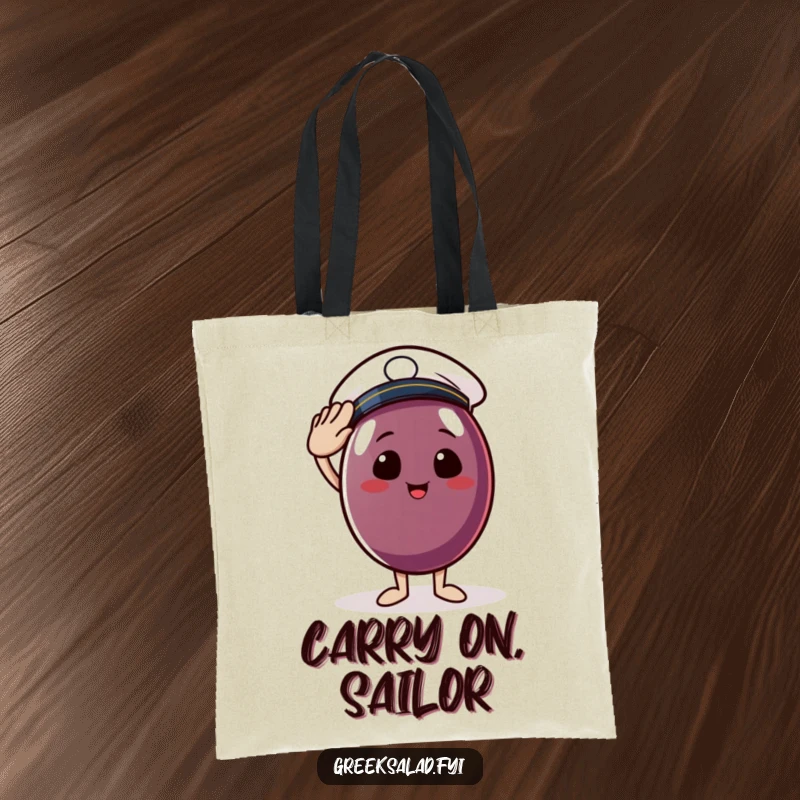Funny tote bag illustration of a happy Kalamata olive in a sailor hat, giving a salute, ideal for beach trips and daily use.