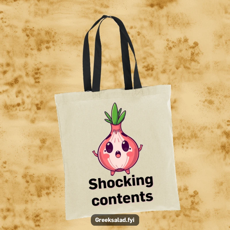 Funny tote bag illustration of a surprised red onion character with expanding rings, perfect for carrying essentials with humor.