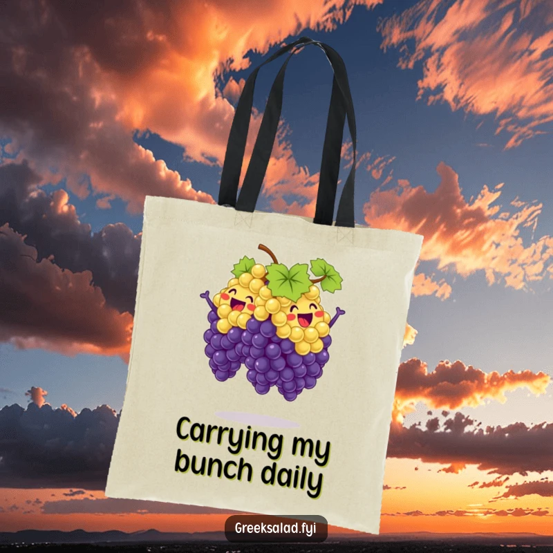 Funny tote bag illustration of a bunch of grapes triumphantly executing a synchronized jump, showcasing their energetic and cheerful nature perfectly.