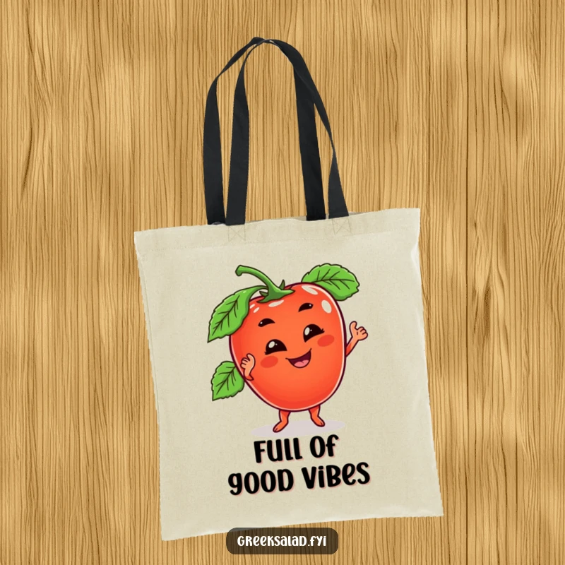 Funny tote bag featuring a tomato character with a goofy grin, doing a wobbly dance, bringing playful humor wherever it goes.