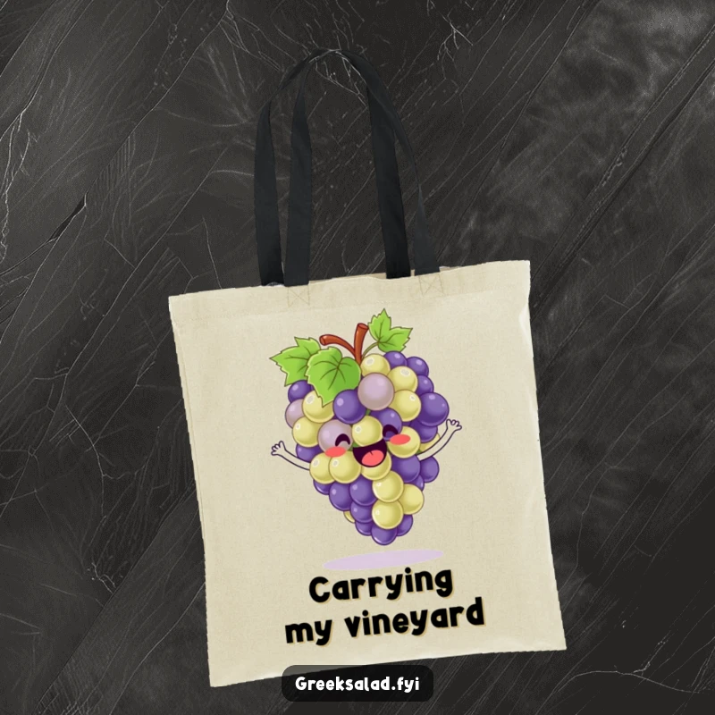 Funny Tote Bag: A bunch of grapes joyfully bounces with enthusiasm, perfect for carrying your items.