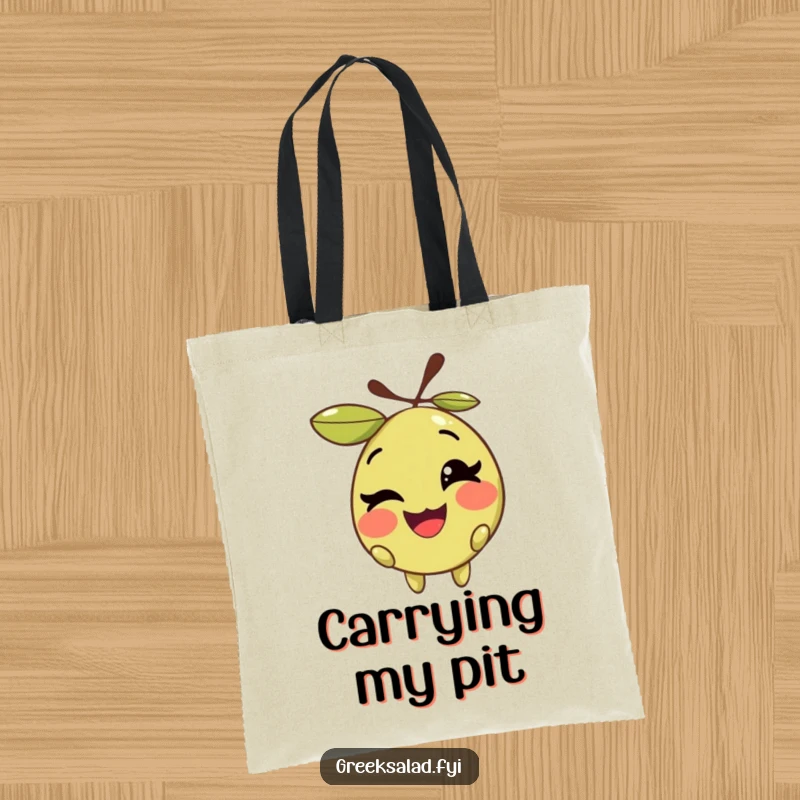Funny tote bag with a smiling olive character winking playfully, perfect for carrying items with a dose of humor.