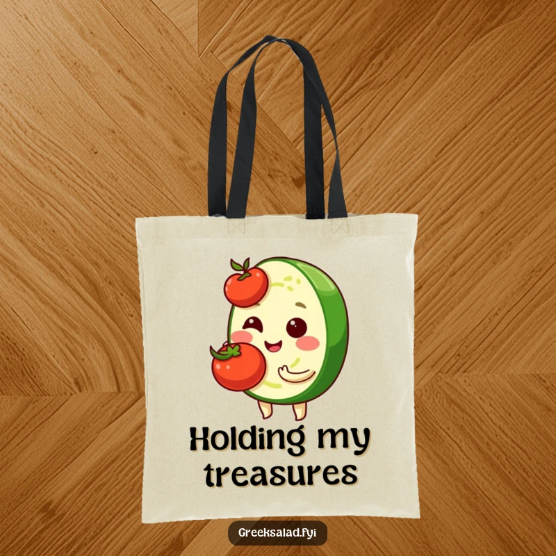 Funny tote bag illustration of a shy cucumber slice character with a bashful grin holding a cherry tomato, perfect for everyday use.
