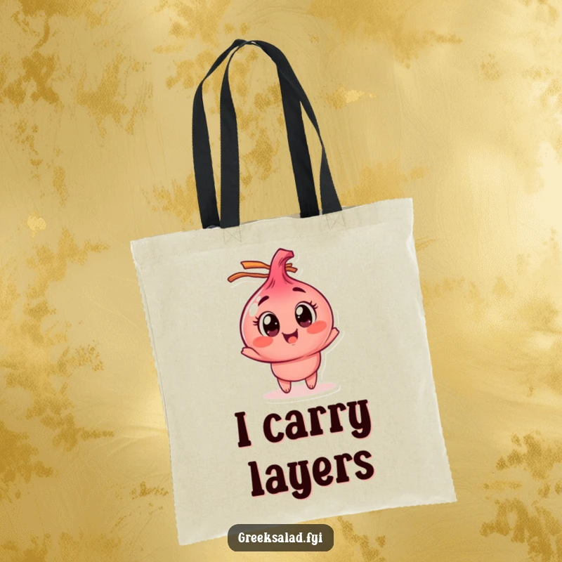 Funny red onion tote bag depicting a character joyfully spinning, great for groceries and a touch of vegetable-themed humor.
