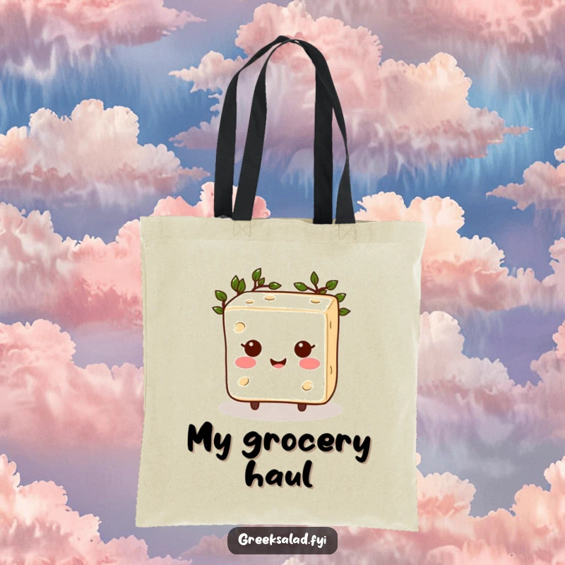 Funny Feta Cheese Tote Bag: A happy, laurel-crowned feta cheese cube smiling victoriously, perfect for carrying groceries with glee.