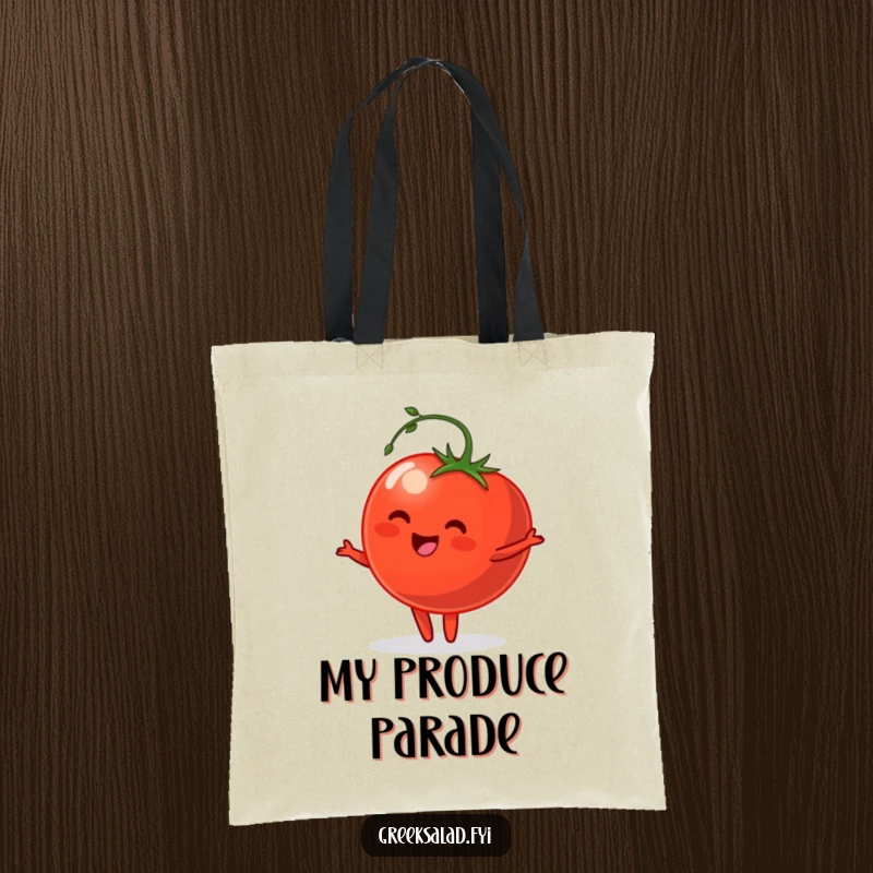 Funny Tote Bag featuring a happy tomato with a stem doing a graceful pirouette, ideal for carrying groceries with artistic flair.
