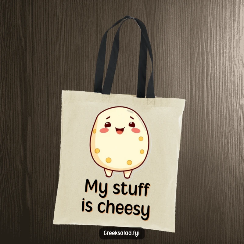 Funny tote bag showcasing a proud feta cheese character beaming with delight, perfect for stylish and humorous shopping.