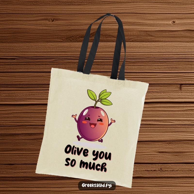 Funny Kalamata olive character with a stem in a happy hop pose on a tote bag, a humorous accessory.