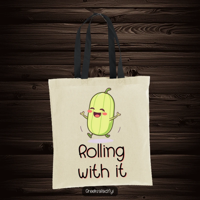 Funny cucumber tote bag with a jubilant character doing a joyful roll, great for shopping and a bit of veggie fun.