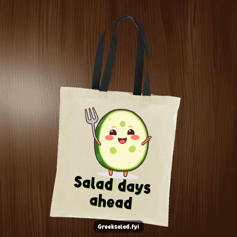 Funny Tote Bag: A grinning cucumber slice waves a tiny fork, perfect for carrying groceries humorously.